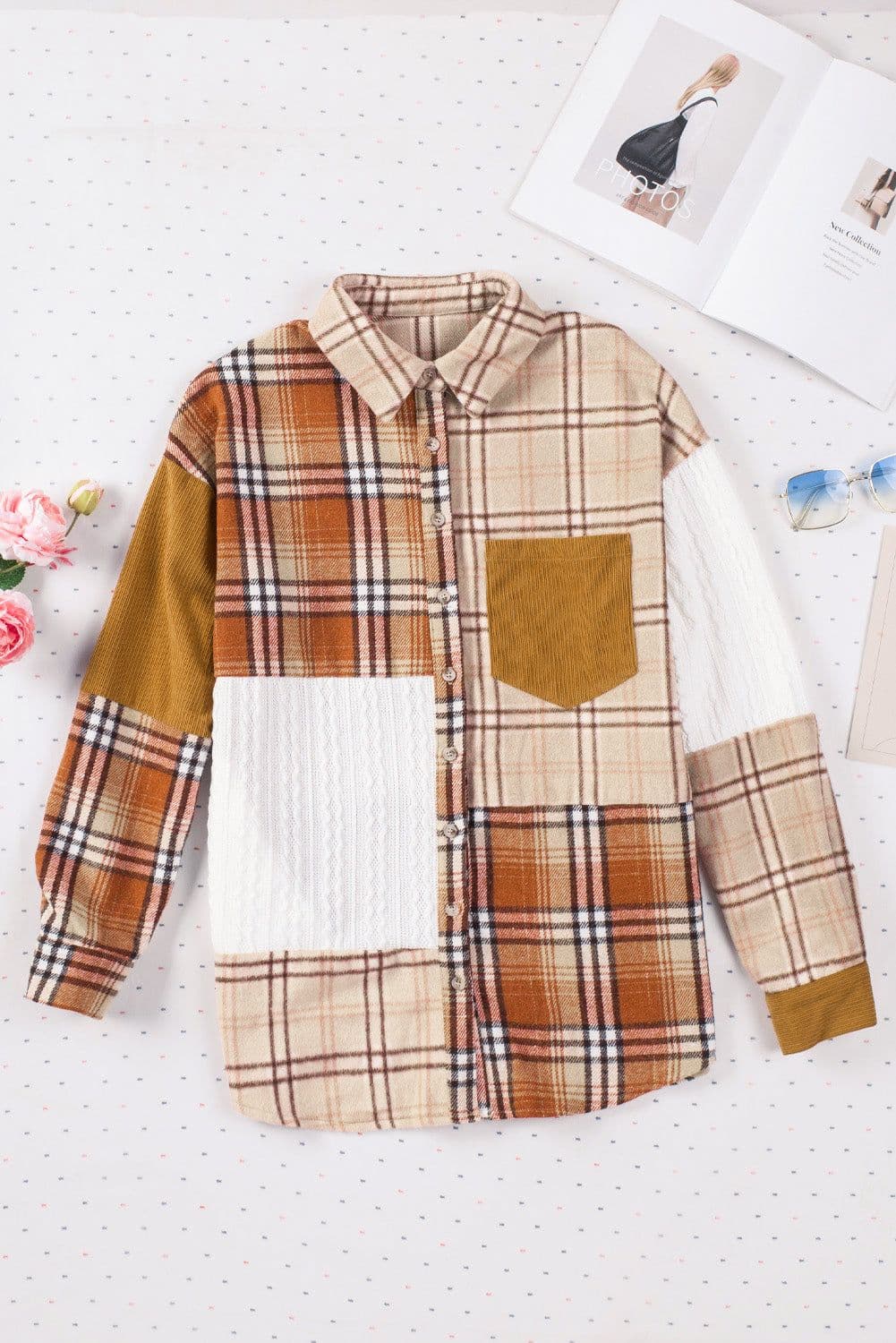image-Plaid Color Block Patchwork Shirt Jacket - Orange, Sizes S-2XL