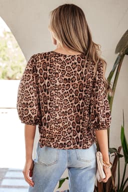image-Brown Leopard Bow Tie Puff Sleeve Blouse