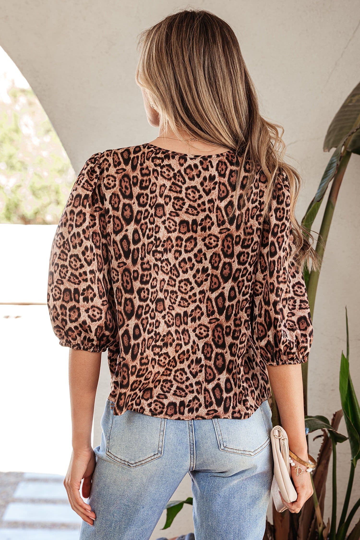 image-Brown Leopard Bow Tie Puff Sleeve Blouse