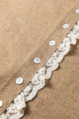 image-Simply Taupe Cardigan Sweater - Lace Trim Loose Fit