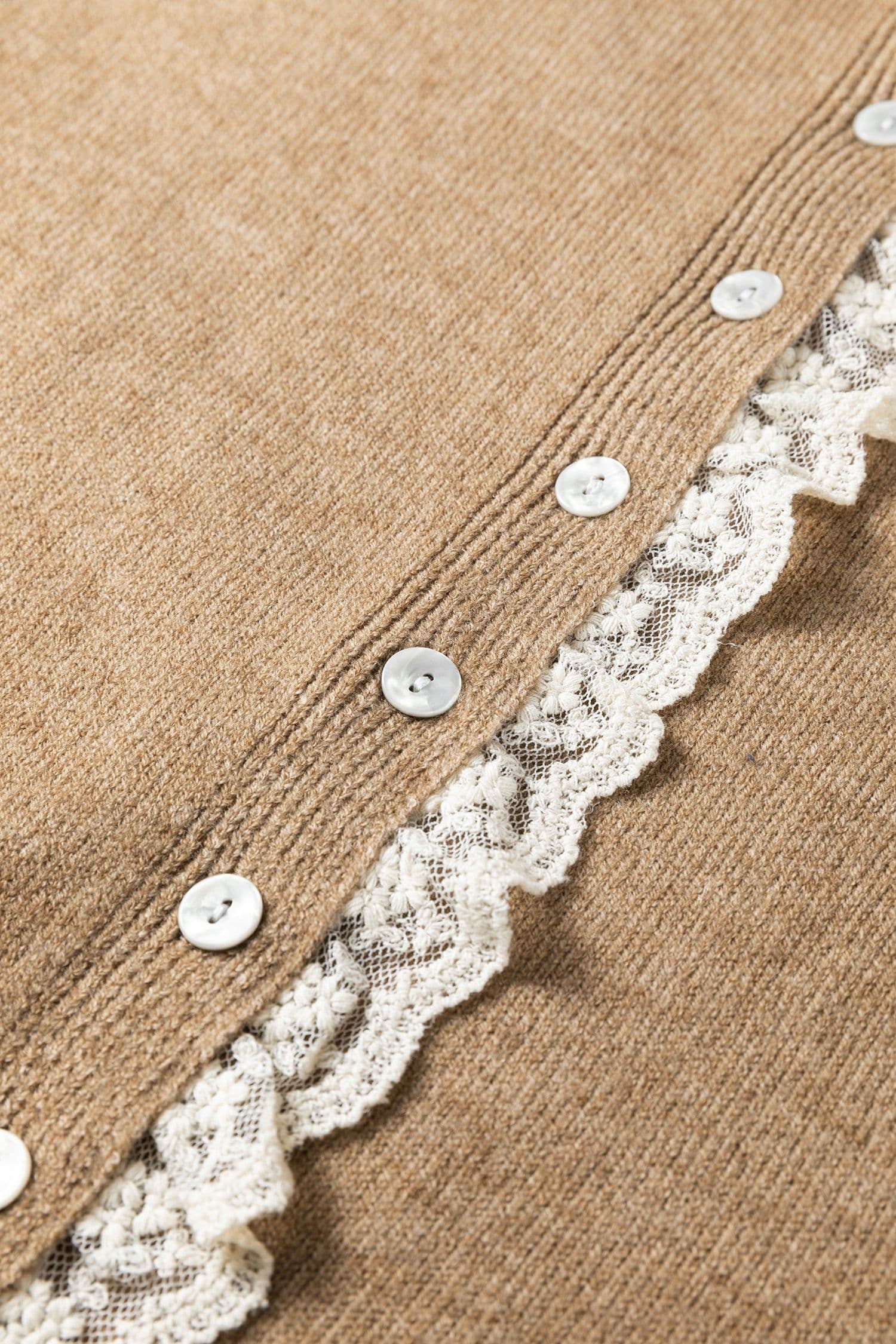 image-Simply Taupe Cardigan Sweater - Lace Trim Loose Fit
