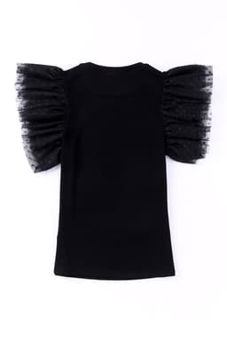 image-Dotty Mesh Ruffle Sleeve Ribbed Knit Top - Black