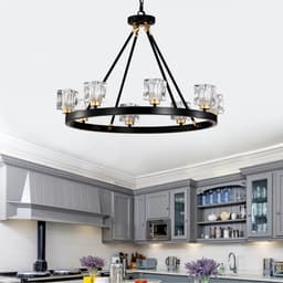 image-Matte Black + Gold Wagon Wheel Chandelier Farmhouse Modern Small Crystal Round Chandelier for Living Room Kitchen Island Foyer H