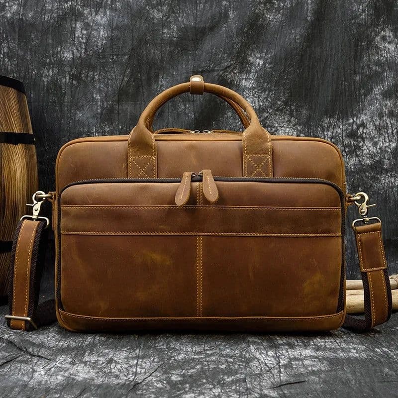 image-Retro Laptop Briefcase Bag Genuine Leather Handbags Casual 15.6" Business Bag Daily Working Tote Bags Men Male bag for documents