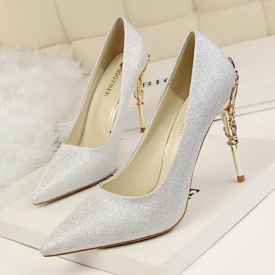 image-9219-2 Korean fashion sexy metal with women's shoes stiletto high-heeled shallow mouth pointed satin slim single shoes wedding shoes