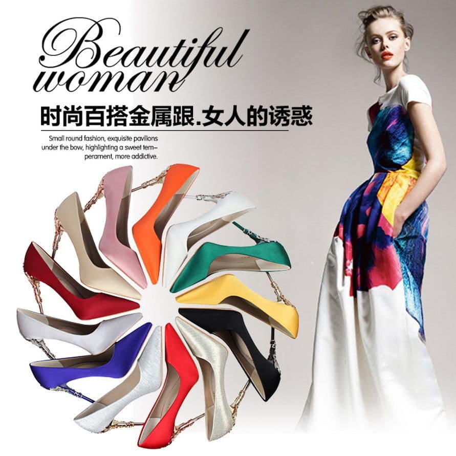 image-9219-2 Korean fashion sexy metal with women's shoes stiletto high-heeled shallow mouth pointed satin slim single shoes wedding shoes