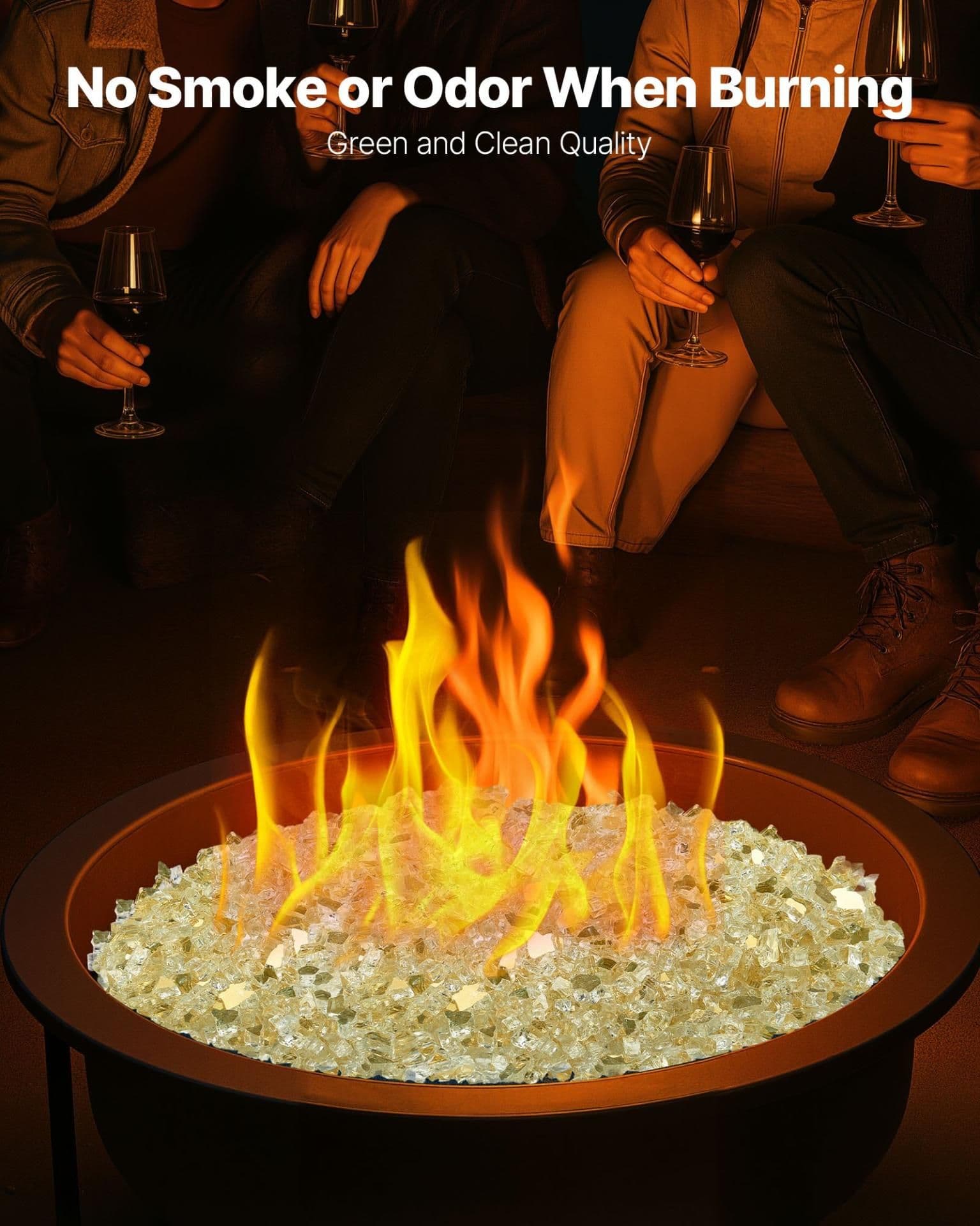 image-VEVOR Fire Glass, 10 LBS / 4.5 KG High-Temperature Resistant Fireplace Rocks, 1/2-Inch / 12.7 mm Reflective & Smokeless Firepit Glass Rock, High Luster Stone Landscaping for Fire Pit Table, Gold