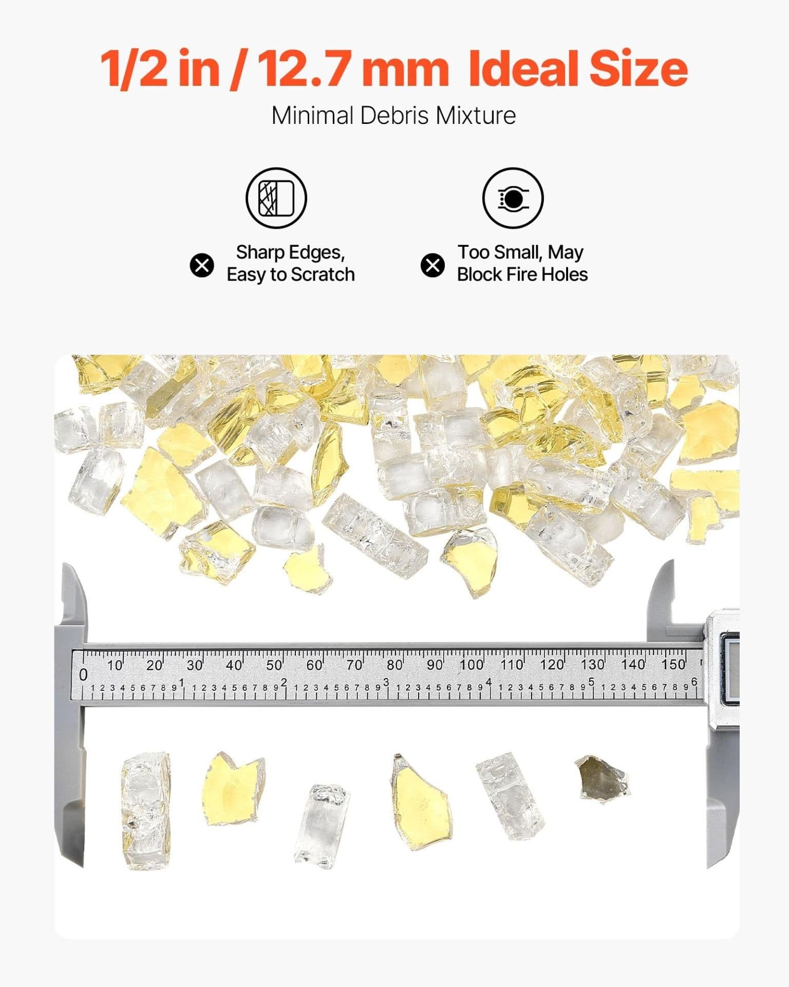 image-VEVOR Fire Glass, 10 LBS / 4.5 KG High-Temperature Resistant Fireplace Rocks, 1/2-Inch / 12.7 mm Reflective & Smokeless Firepit Glass Rock, High Luster Stone Landscaping for Fire Pit Table, Gold