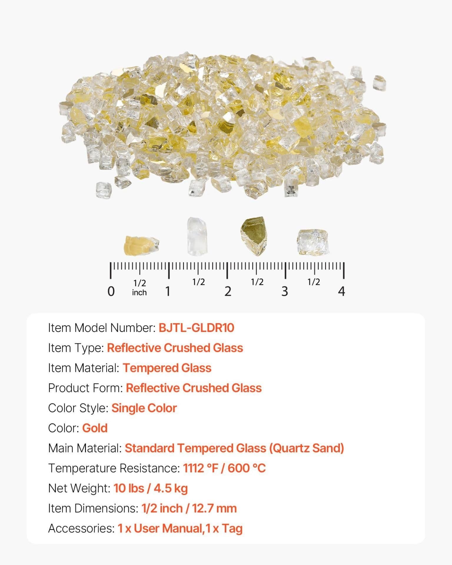 image-VEVOR Fire Glass, 10 LBS / 4.5 KG High-Temperature Resistant Fireplace Rocks, 1/2-Inch / 12.7 mm Reflective & Smokeless Firepit Glass Rock, High Luster Stone Landscaping for Fire Pit Table, Gold