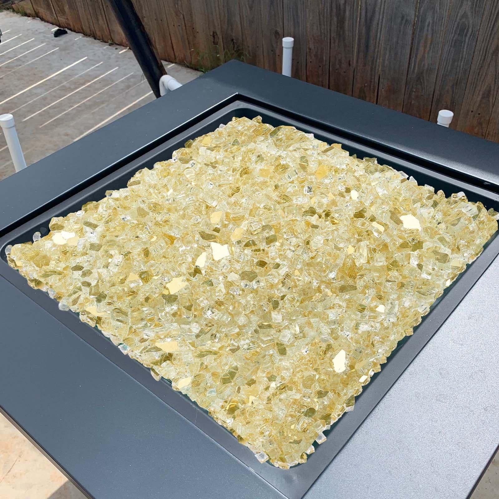 image-VEVOR Fire Glass, 10 LBS / 4.5 KG High-Temperature Resistant Fireplace Rocks, 1/2-Inch / 12.7 mm Reflective & Smokeless Firepit Glass Rock, High Luster Stone Landscaping for Fire Pit Table, Gold