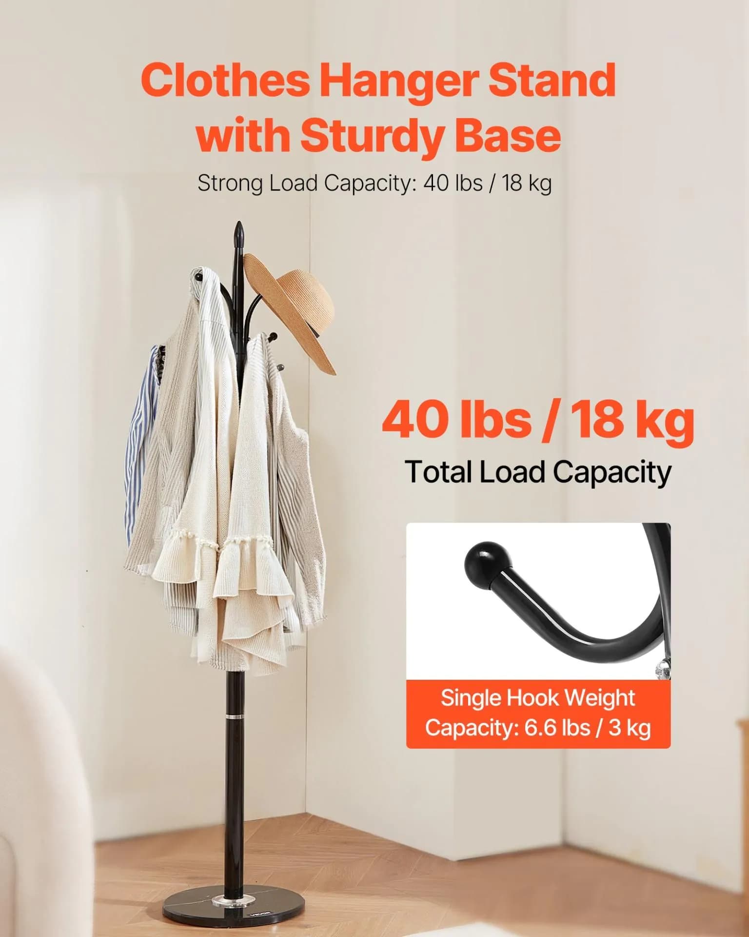 image-VEVOR Coat Rack Freestanding, Coats Tree Stand with Stable Marble Base & 6 Hooks, Free Standing Hall Coat Rack for Entryway, Bedroom, Office, Living Room, Modern Clothes Hanger for Coats, Hats, Bags