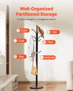 image-VEVOR Coat Rack Freestanding, Coats Tree Stand with Stable Marble Base & 6 Hooks, Free Standing Hall Coat Rack for Entryway, Bedroom, Office, Living Room, Modern Clothes Hanger for Coats, Hats, Bags