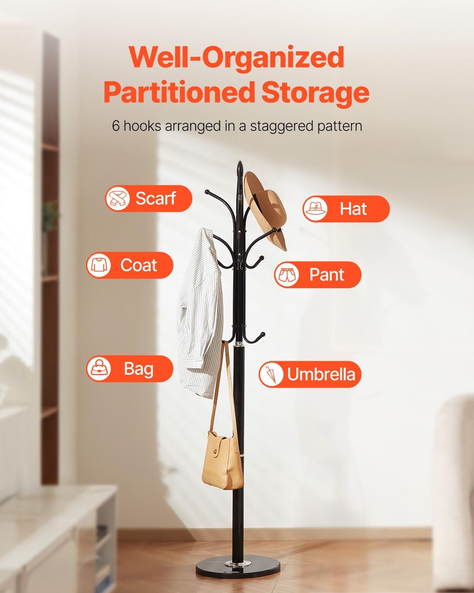image-VEVOR Coat Rack Freestanding, Coats Tree Stand with Stable Marble Base & 6 Hooks, Free Standing Hall Coat Rack for Entryway, Bedroom, Office, Living Room, Modern Clothes Hanger for Coats, Hats, Bags