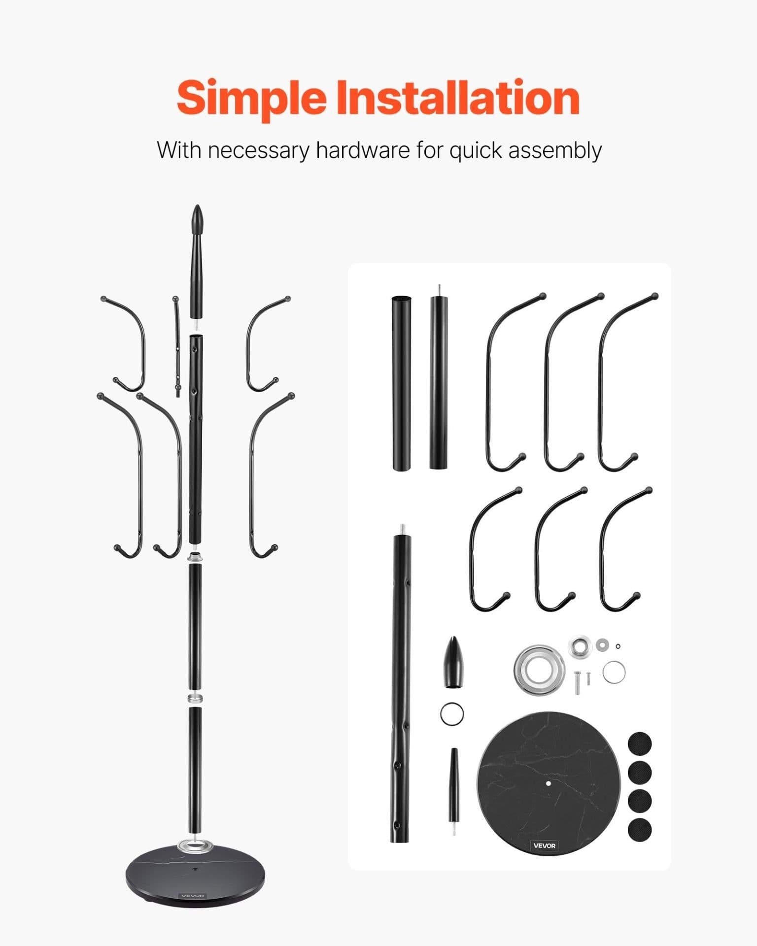 image-VEVOR Coat Rack Freestanding, Coats Tree Stand with Stable Marble Base & 6 Hooks, Free Standing Hall Coat Rack for Entryway, Bedroom, Office, Living Room, Modern Clothes Hanger for Coats, Hats, Bags