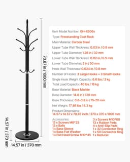 image-VEVOR Coat Rack Freestanding, Coats Tree Stand with Stable Marble Base & 6 Hooks, Free Standing Hall Coat Rack for Entryway, Bedroom, Office, Living Room, Modern Clothes Hanger for Coats, Hats, Bags