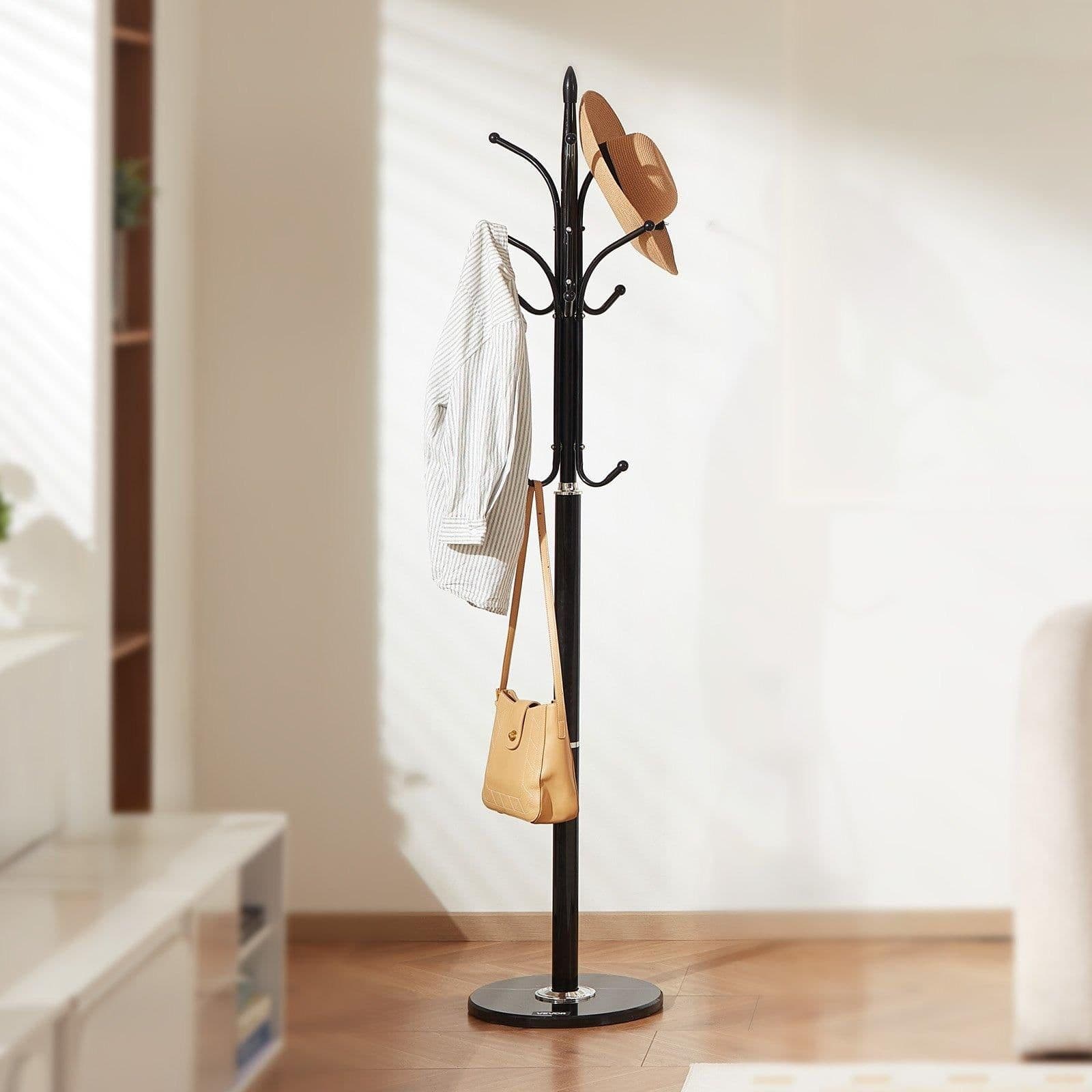 image-VEVOR Coat Rack Freestanding, Coats Tree Stand with Stable Marble Base & 6 Hooks, Free Standing Hall Coat Rack for Entryway, Bedroom, Office, Living Room, Modern Clothes Hanger for Coats, Hats, Bags