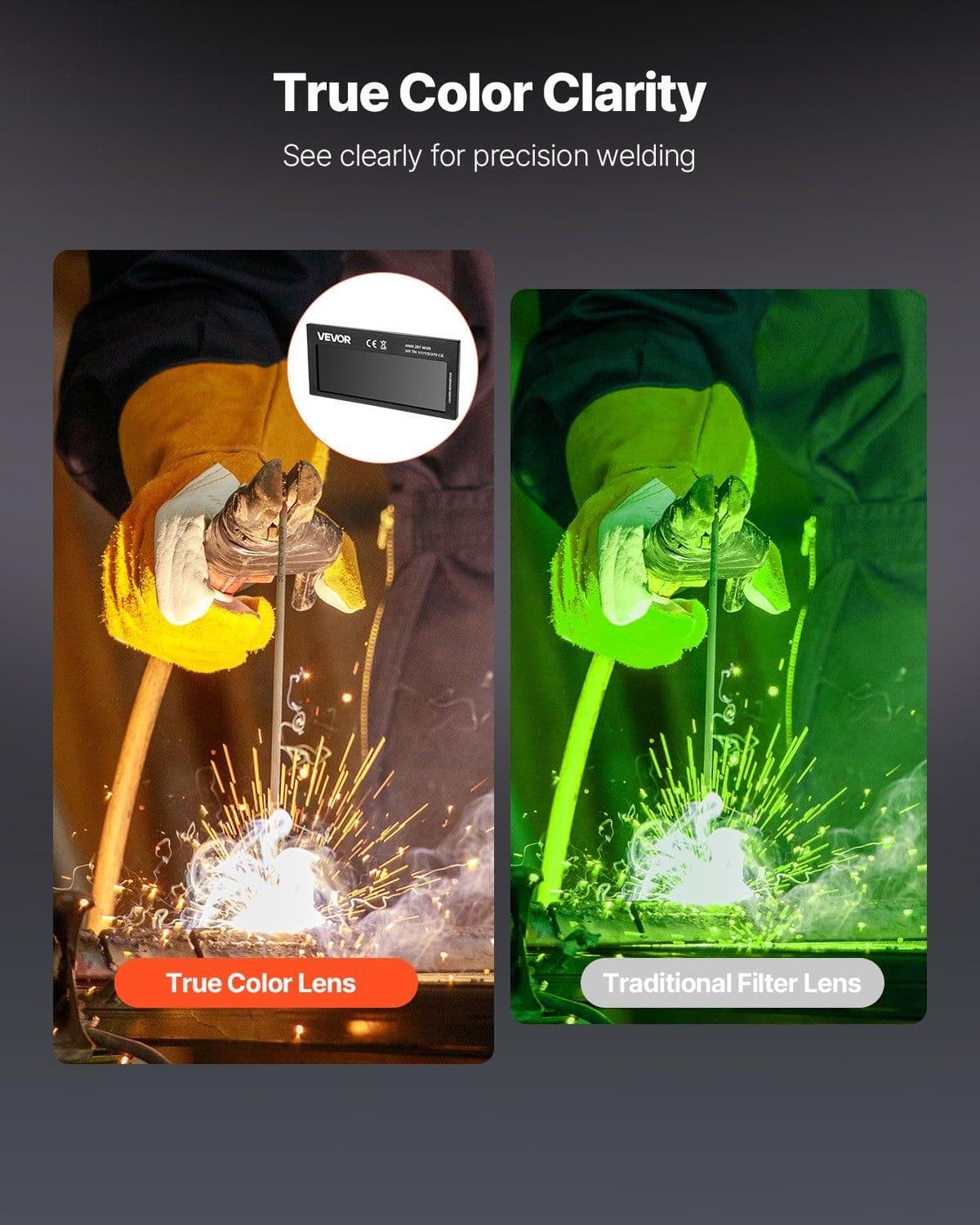 image-VEVOR Auto Darkening Welding Lens 4.25" x 2", Shade 11 True Color Welding Lens with Dual Arc Sensors & Gold Coating, Compatible with Most Welding Helmets for TIG, MIG, MMA, ARC Applications