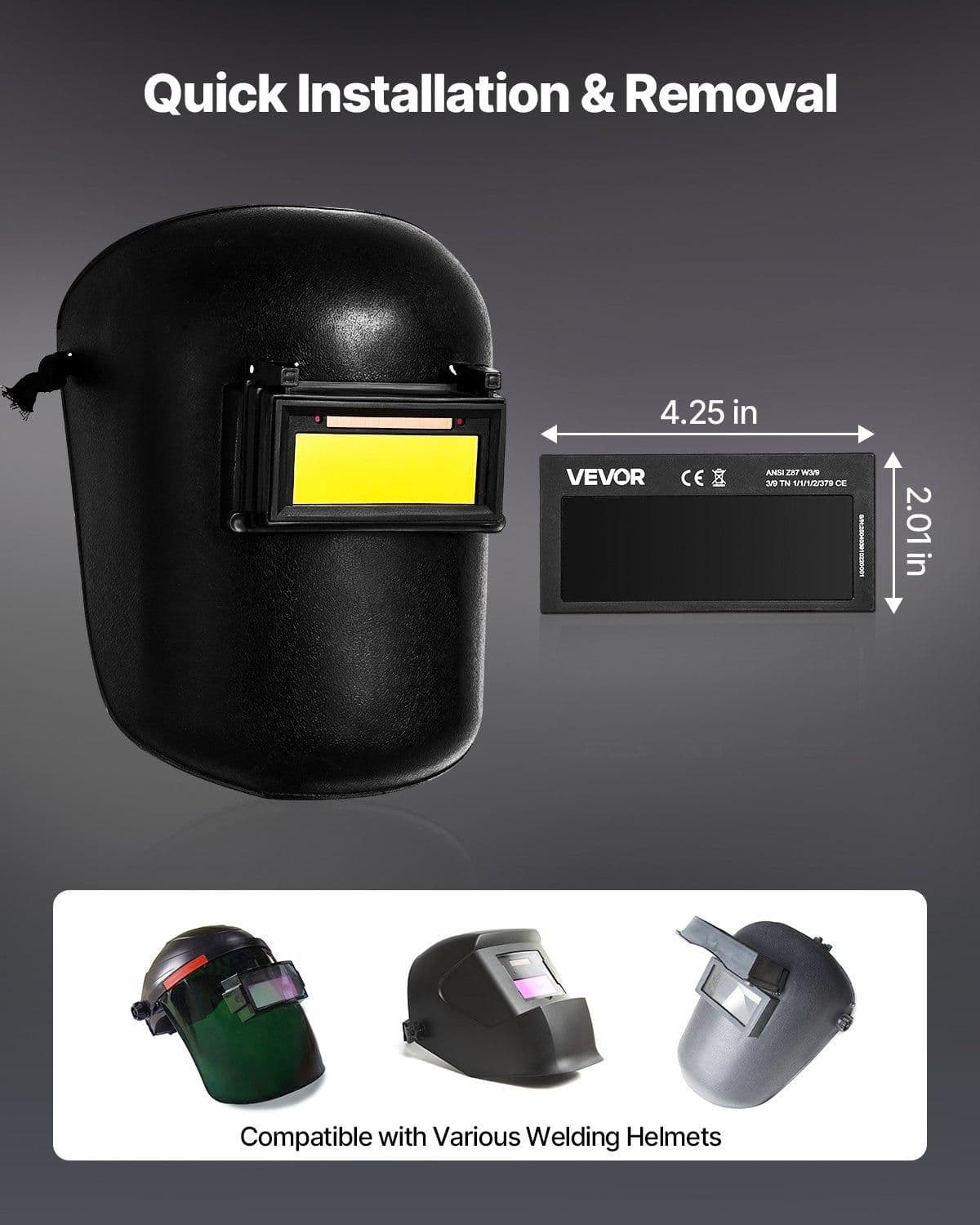 image-VEVOR Auto Darkening Welding Lens 4.25" x 2", Shade 11 True Color Welding Lens with Dual Arc Sensors & Gold Coating, Compatible with Most Welding Helmets for TIG, MIG, MMA, ARC Applications