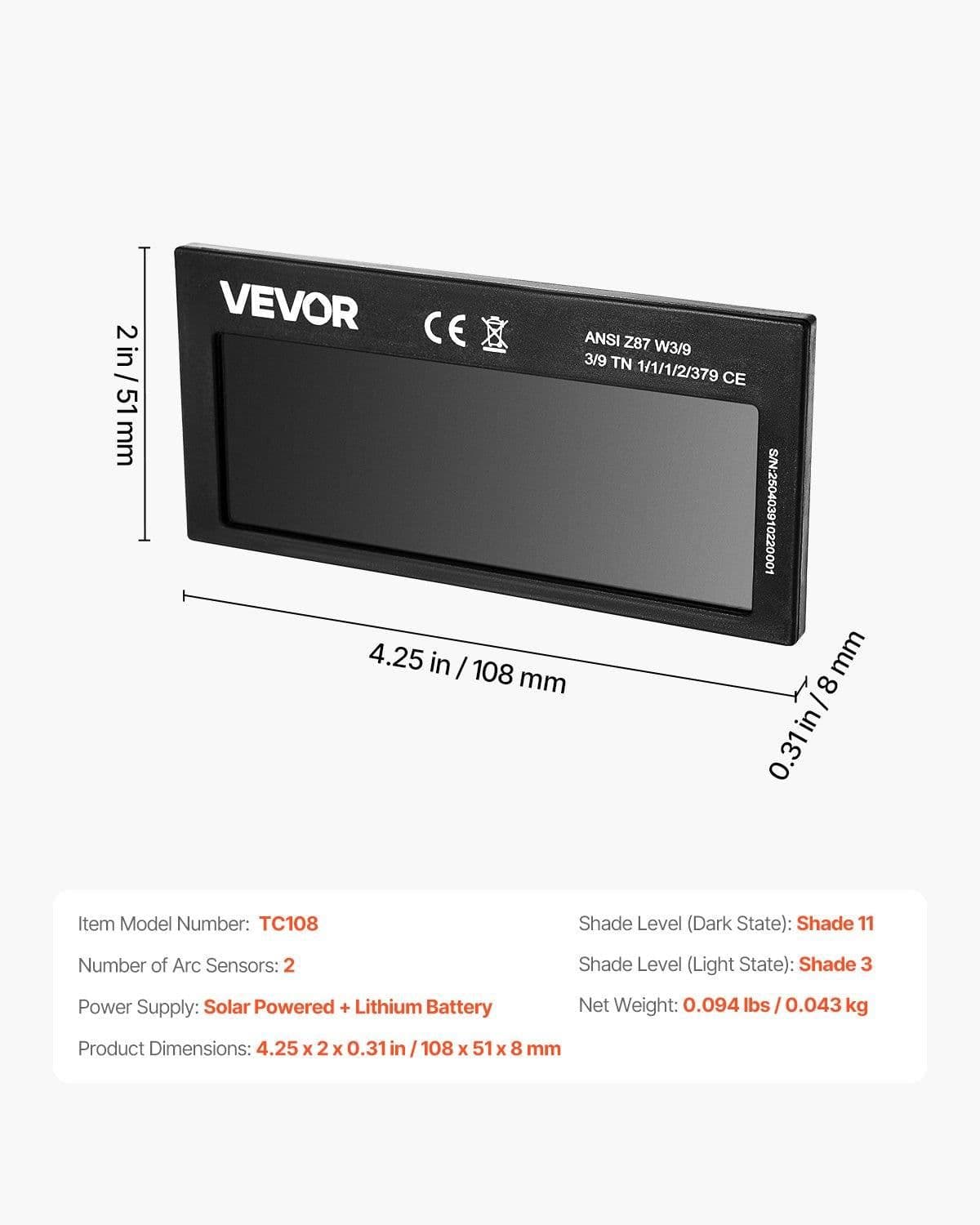 image-VEVOR Auto Darkening Welding Lens 4.25" x 2", Shade 11 True Color Welding Lens with Dual Arc Sensors & Gold Coating, Compatible with Most Welding Helmets for TIG, MIG, MMA, ARC Applications