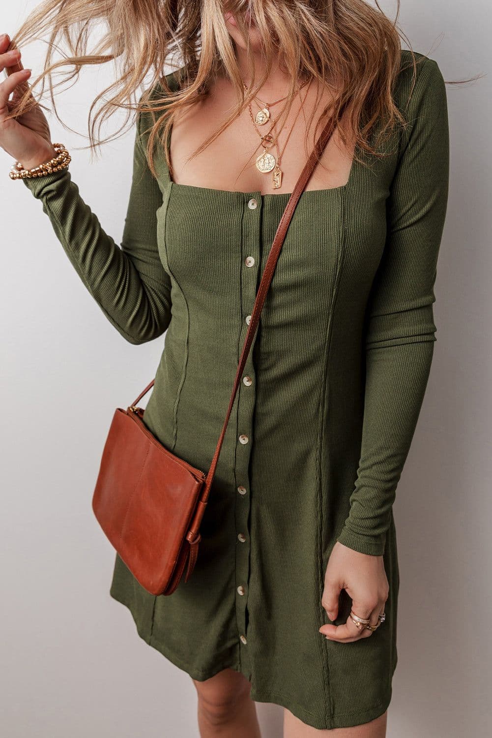 image-Rib Knit Square Neck Mini Dress - Green Long Sleeve