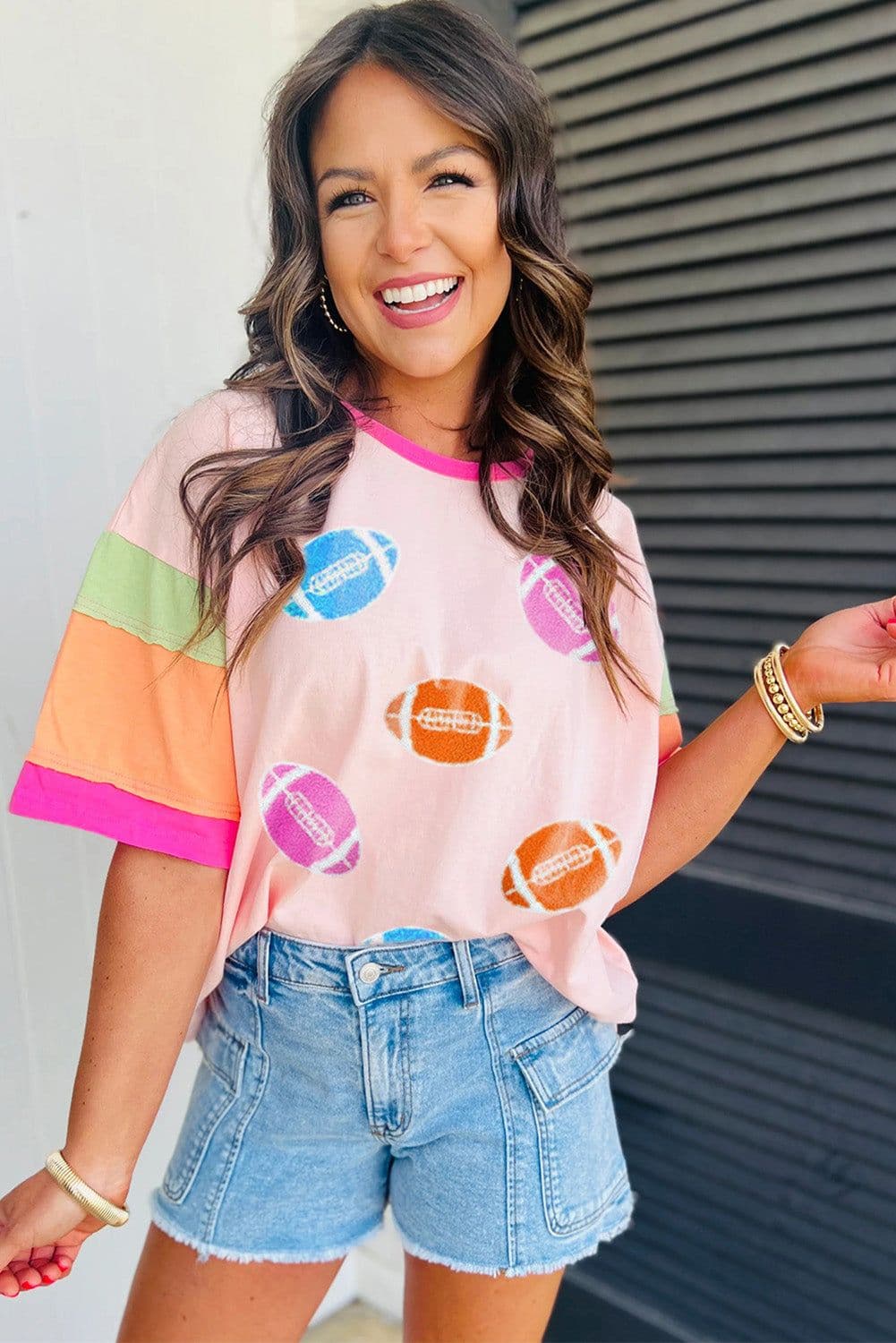 image-Rugby Chenille Embroidered Color Block T-Shirt - Pink