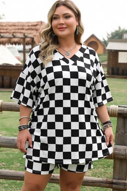 image-Plus Size Black Checkered Tee and Shorts Set - Two Piece