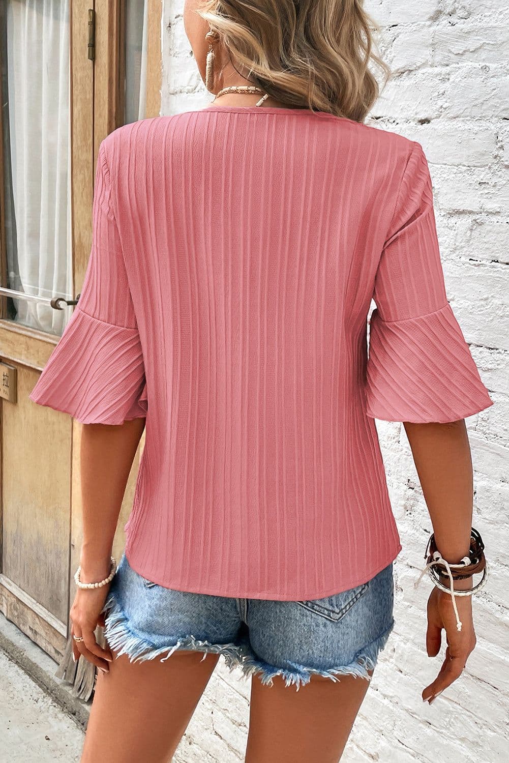 image-Peach Blossom Ruffled Half Sleeve V Neck Textured Top