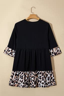 image-Black Plus Size Leopard Patchwork V-Neck Dress