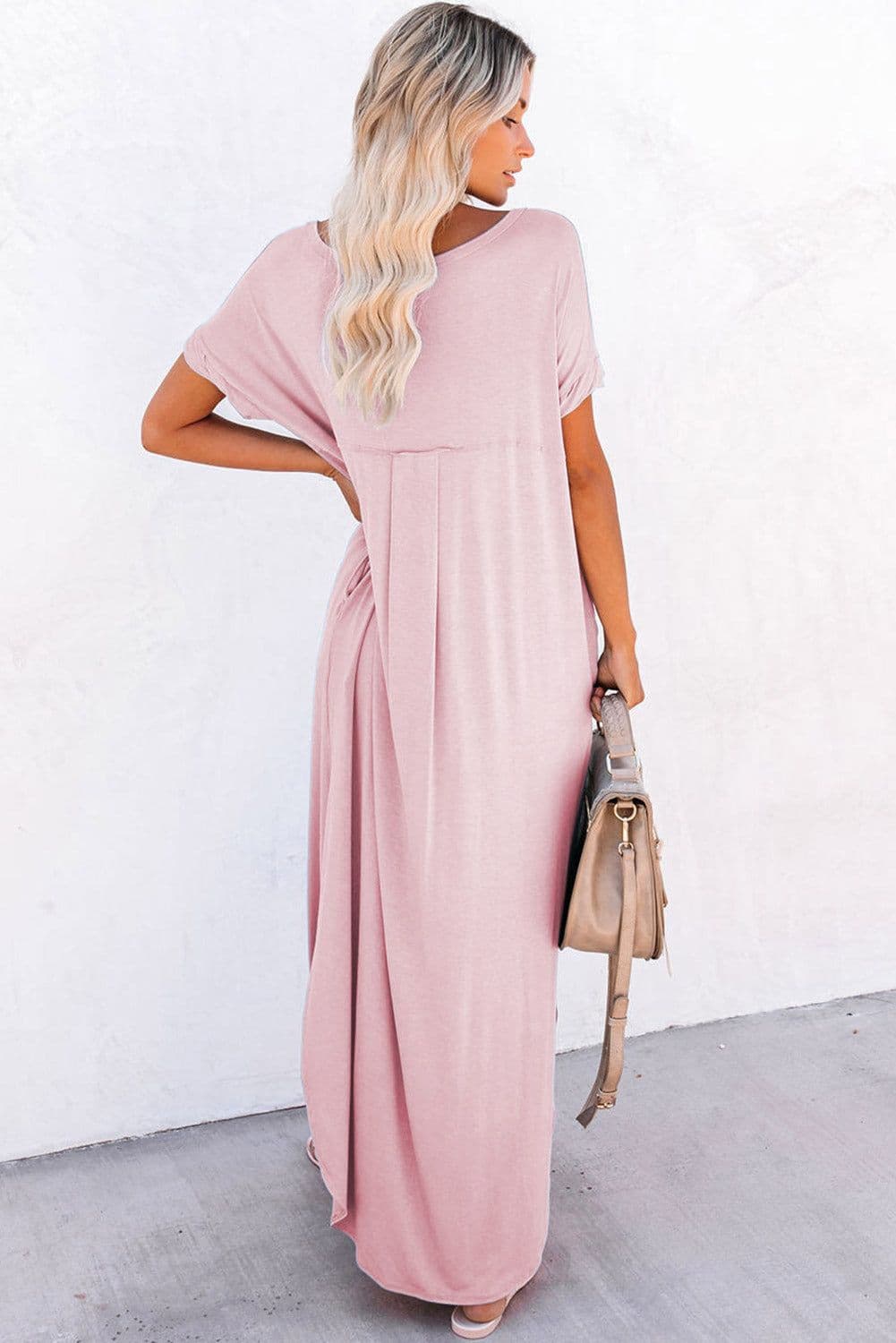 image-Black V Neck Splits Maxi T-shirt Dress, Lightweight, Breathable, S-XL