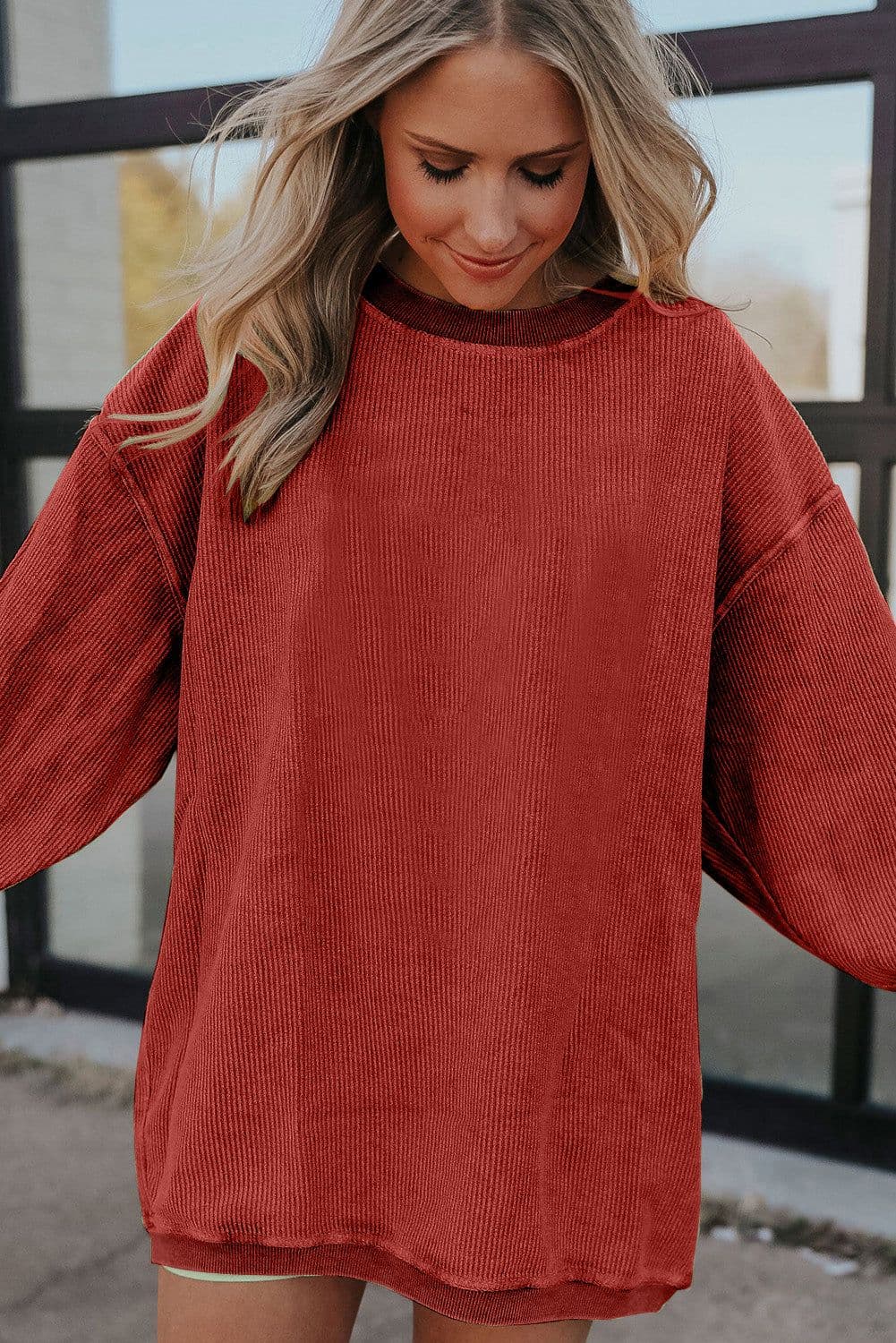 image-Strawberry Pink Ribbed Corded Oversized Sweatshirt