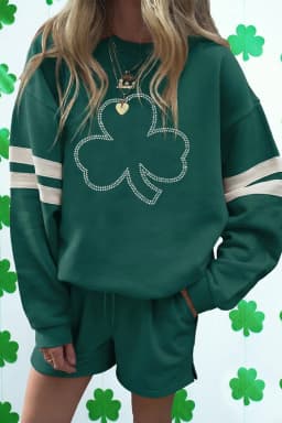 image-Evergreen Rhinestone Clover Varsity Pullover Drawstring Shorts 2pcs Set