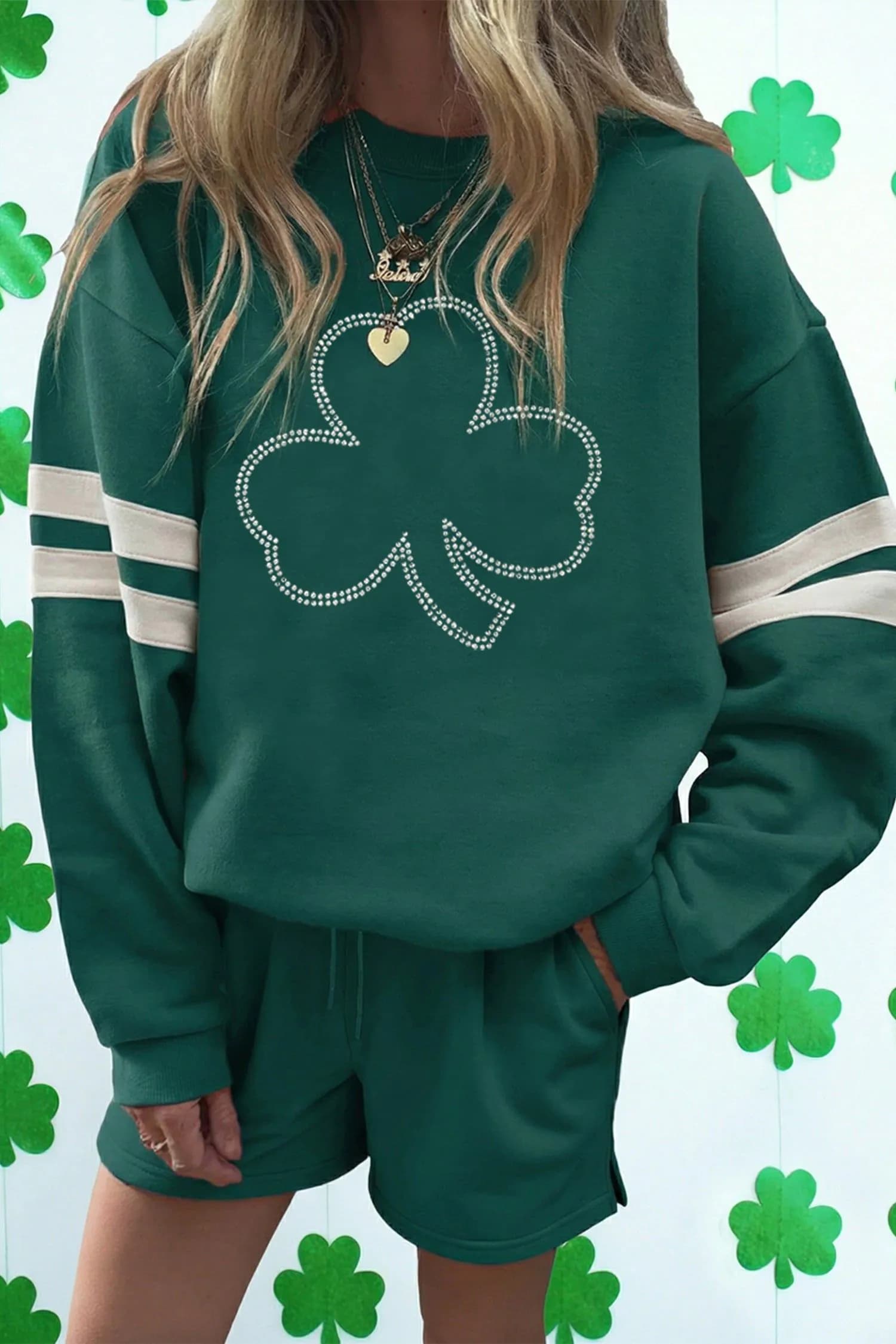 image-Evergreen Rhinestone Clover Varsity Pullover Drawstring Shorts 2pcs Set