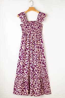 image-Pink Leopard Ruffle Straps Smocked High Waist Long Dress