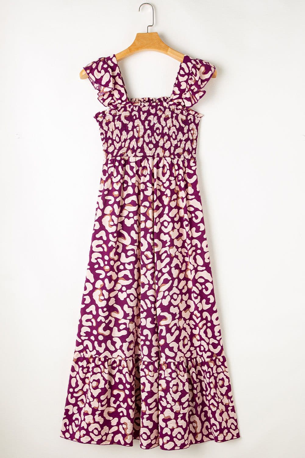 image-Pink Leopard Ruffle Straps Smocked High Waist Long Dress