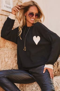 image-Black Heart Detail Contrast Cuffs Baggy Sweater
