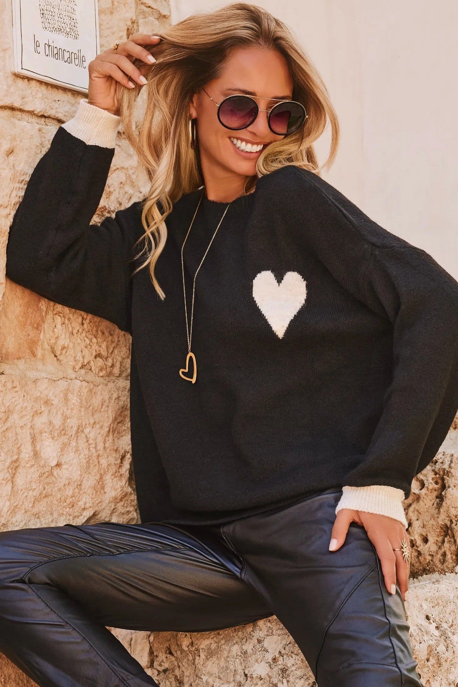 image-Black Heart Detail Contrast Cuffs Baggy Sweater
