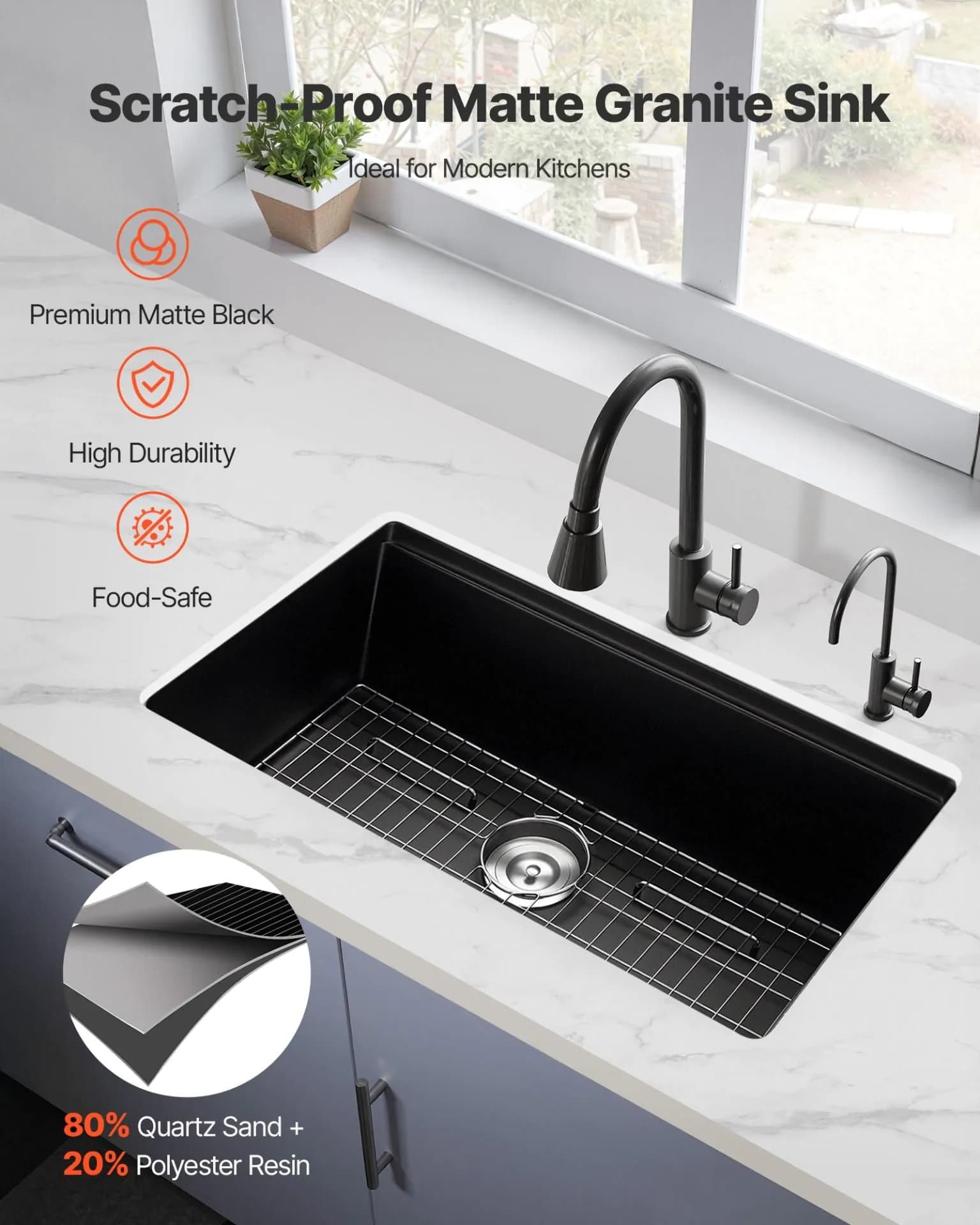 image-VEVOR 33 inch Kitchen Sink Workstation, Undermount Granite Sink, Drop-In Single Bowl Farmhouse Basin with Multiple Accessories, Household Dishwasher Sinks for RV, Prep Kitchen, and Bar (Black)
