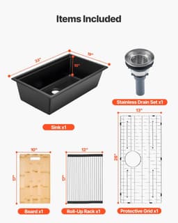 image-VEVOR 33 inch Kitchen Sink Workstation, Undermount Granite Sink, Drop-In Single Bowl Farmhouse Basin with Multiple Accessories, Household Dishwasher Sinks for RV, Prep Kitchen, and Bar (Black)