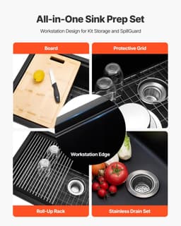 image-VEVOR 33 inch Kitchen Sink Workstation, Undermount Granite Sink, Drop-In Single Bowl Farmhouse Basin with Multiple Accessories, Household Dishwasher Sinks for RV, Prep Kitchen, and Bar (Black)