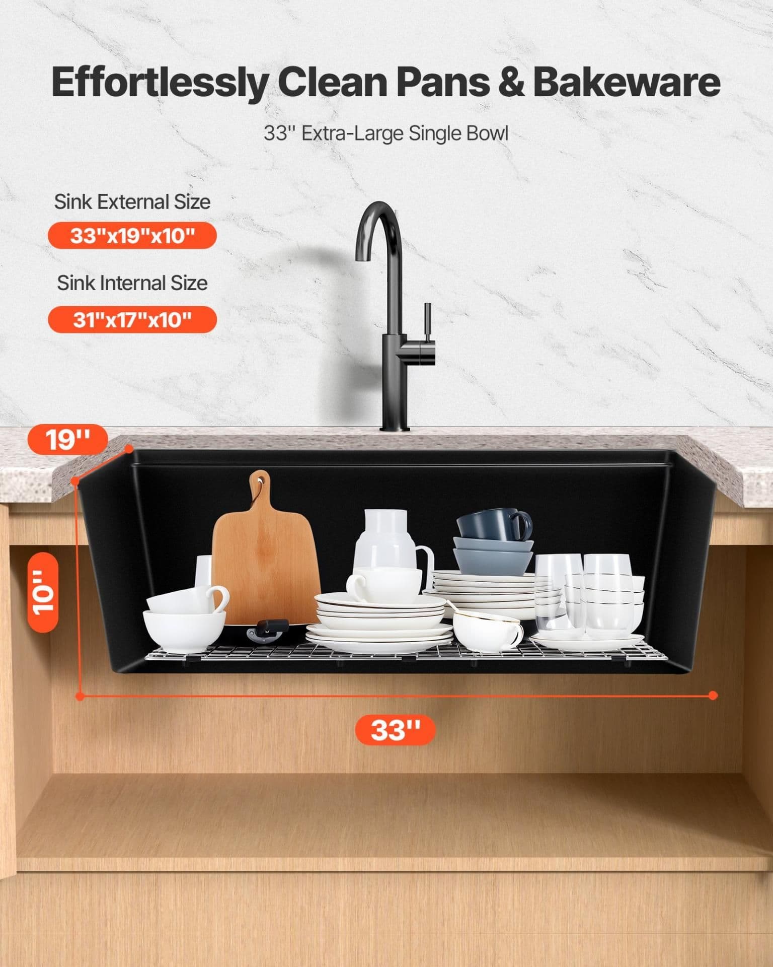 image-VEVOR 33 inch Kitchen Sink Workstation, Undermount Granite Sink, Drop-In Single Bowl Farmhouse Basin with Multiple Accessories, Household Dishwasher Sinks for RV, Prep Kitchen, and Bar (Black)