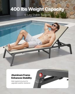 image-VEVOR Outdoor Chaise Lounge Chair Set of 2, 400 lbs Weight Capacity, Foldable Sun Tanning Chair, 5 Adjustable Positions, Easy Assembly, Aluminum Pool Recliner Lounge Chairs, for Beach Yard Patio