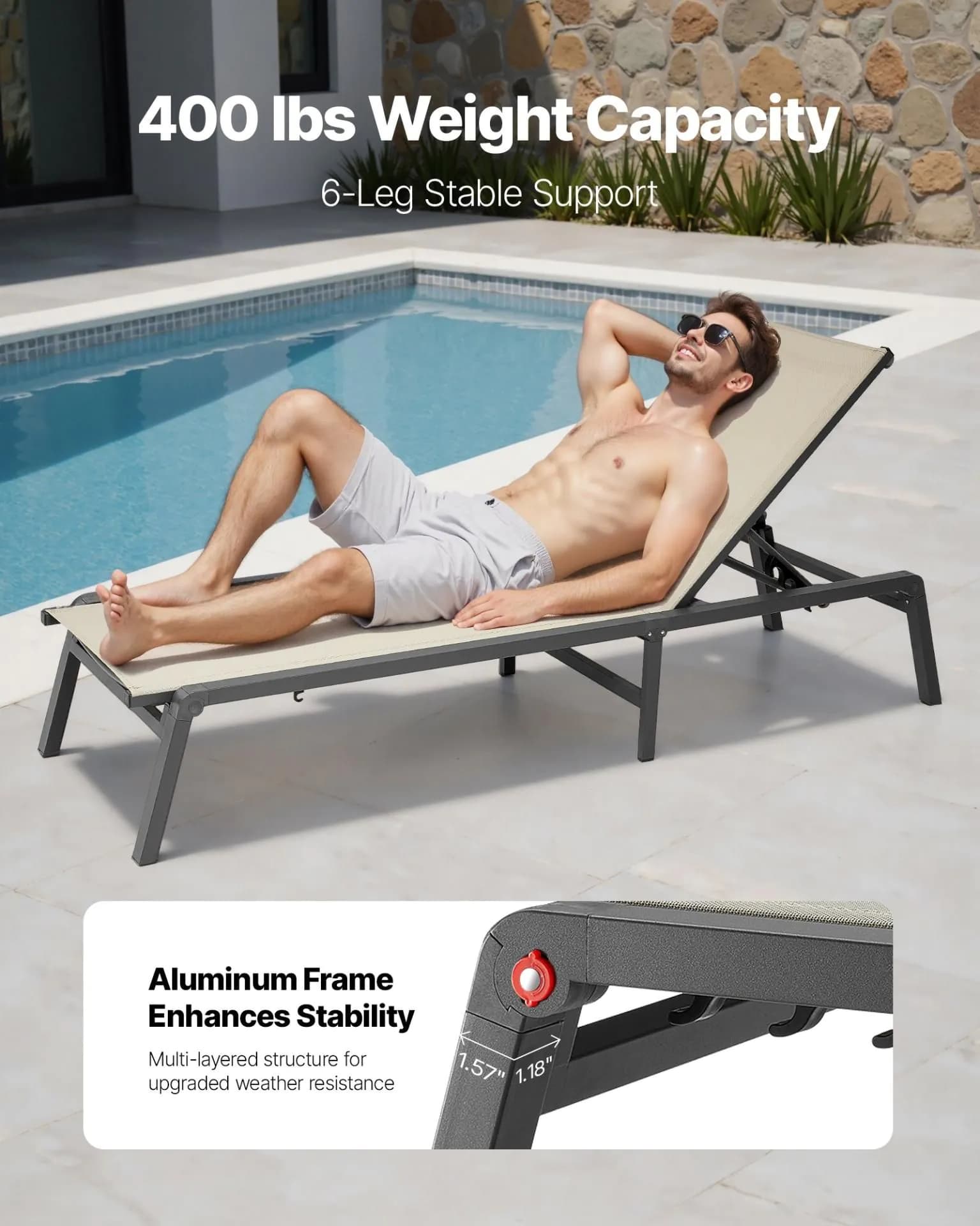 image-VEVOR Outdoor Chaise Lounge Chair Set of 2, 400 lbs Weight Capacity, Foldable Sun Tanning Chair, 5 Adjustable Positions, Easy Assembly, Aluminum Pool Recliner Lounge Chairs, for Beach Yard Patio