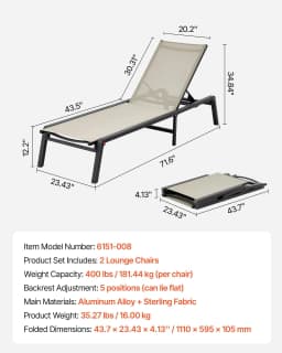 image-VEVOR Outdoor Chaise Lounge Chair Set of 2, 400 lbs Weight Capacity, Foldable Sun Tanning Chair, 5 Adjustable Positions, Easy Assembly, Aluminum Pool Recliner Lounge Chairs, for Beach Yard Patio