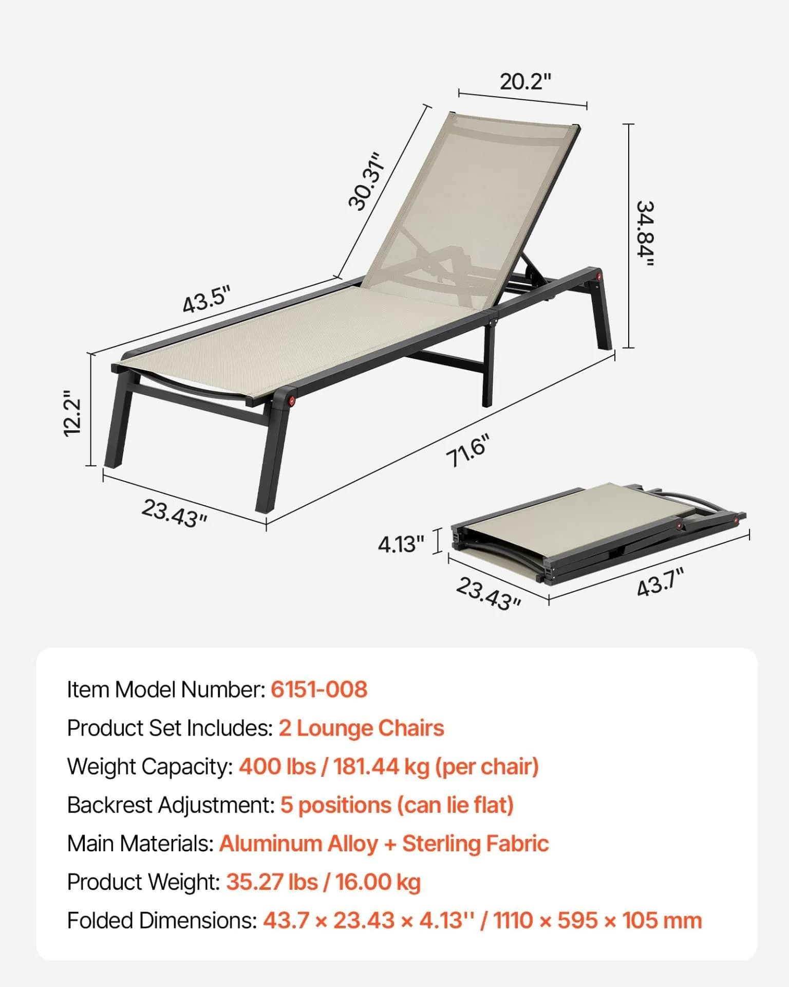 image-VEVOR Outdoor Chaise Lounge Chair Set of 2, 400 lbs Weight Capacity, Foldable Sun Tanning Chair, 5 Adjustable Positions, Easy Assembly, Aluminum Pool Recliner Lounge Chairs, for Beach Yard Patio