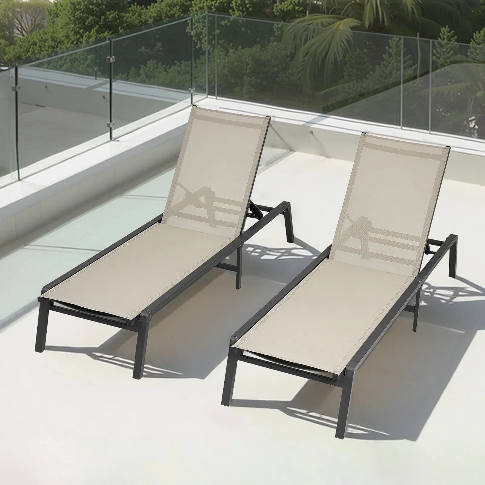 image-VEVOR Outdoor Chaise Lounge Chair Set of 2, 400 lbs Weight Capacity, Foldable Sun Tanning Chair, 5 Adjustable Positions, Easy Assembly, Aluminum Pool Recliner Lounge Chairs, for Beach Yard Patio