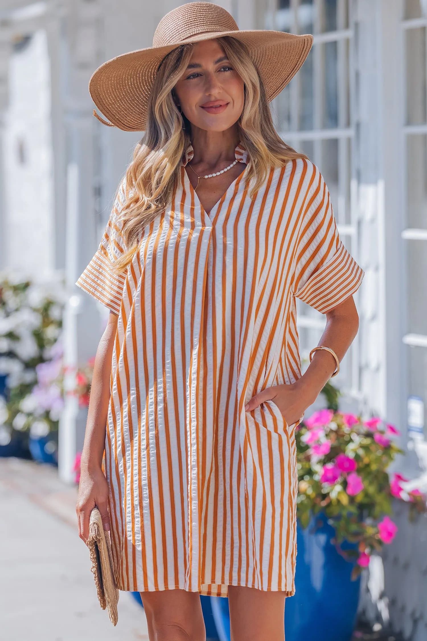 image-Brown Stripe Pinched V Neck Turn-up Cuffs Shift Mini Dress
