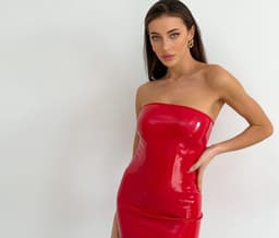 image-Red Vinyl Mini Dress Sexy Club Dress Micro Mini Zipper Dress
