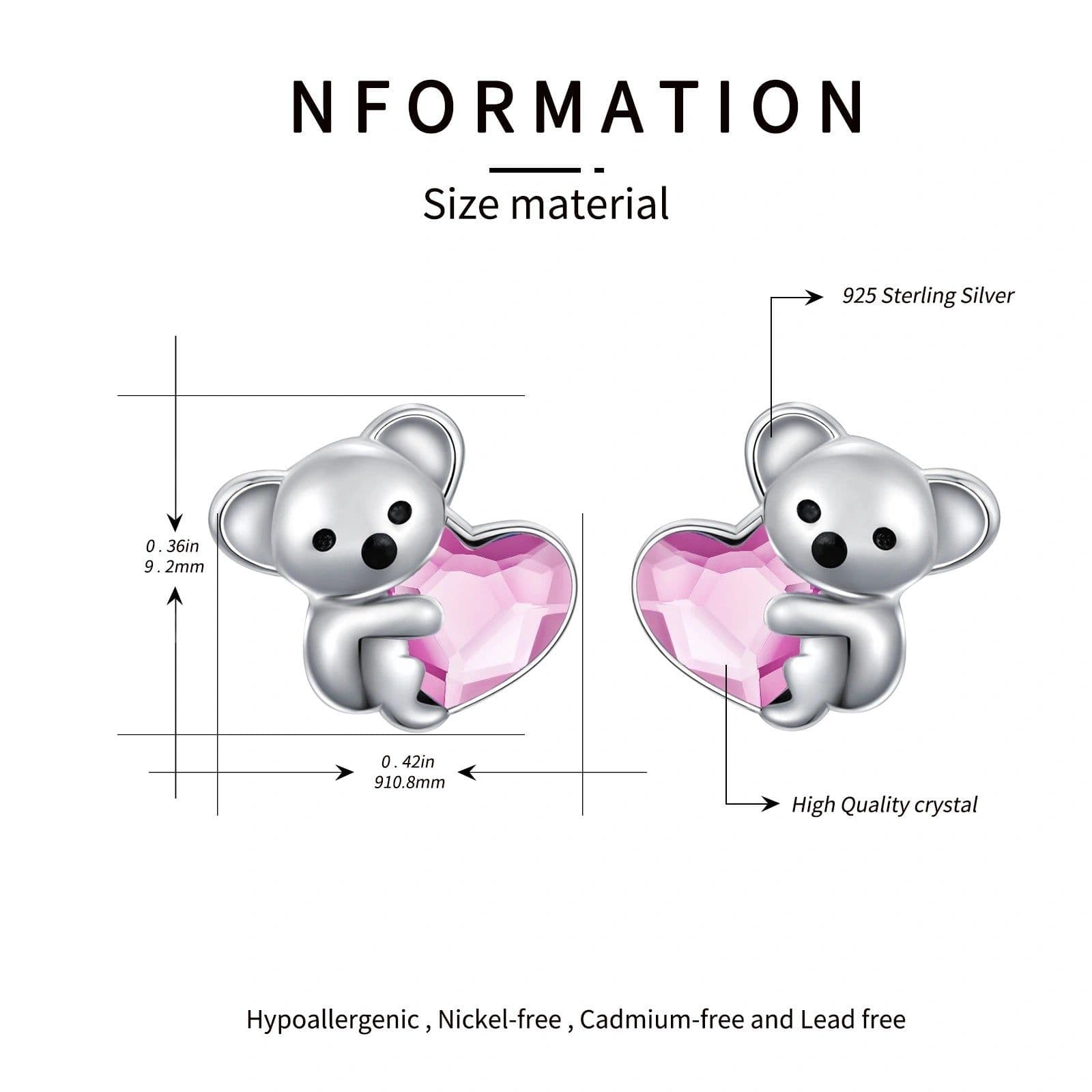 image-925 Sterling Silver Koala Bear Cute Animal Hypoallergenic Heart Crystal Earrings Jewellery