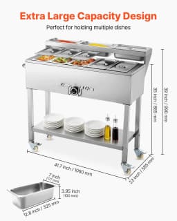 image-VEVOR Commercial Propane Steam Table, 5 Food Pans & 3 Condiment Pans, LP Gas Outdoor Soup Warmer with Drain Valve and 3" Wheels, Stainless Steel Propane Food Warmer with Adjustable Temp for Outdoor