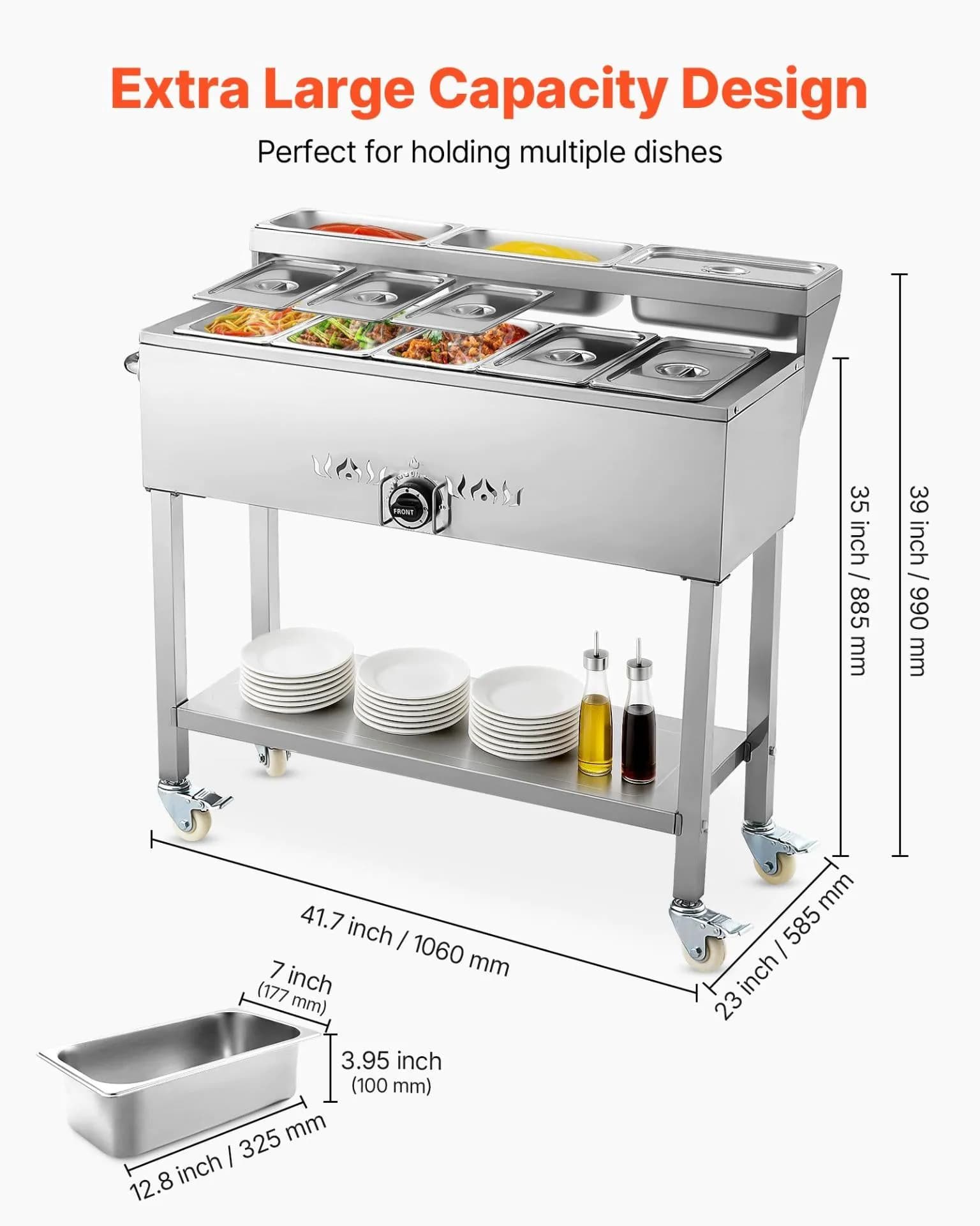 image-VEVOR Commercial Propane Steam Table, 5 Food Pans & 3 Condiment Pans, LP Gas Outdoor Soup Warmer with Drain Valve and 3" Wheels, Stainless Steel Propane Food Warmer with Adjustable Temp for Outdoor